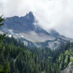 View of Mount Rainier with trees and clouds, representative of Stormking Cabins near the park entrance