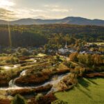 Aerial view of Stowe, Vermont mountains, representative of Moose Meadow Lodge & Treehouse