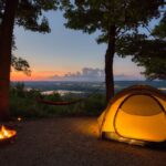 Cozy campsite scene at golden hour
