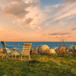 Camp table and chair at sunset