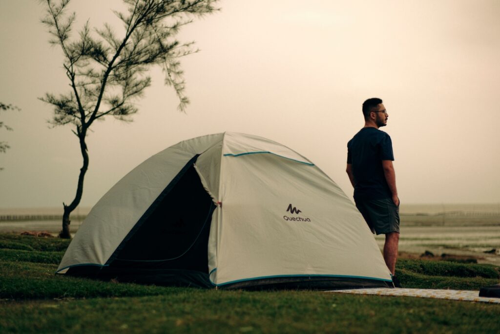 Tent pitched at a campsite for a camping trip